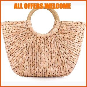Hand-Woven Rattan Straw Tote Bag Top-Handle Beach Clutch